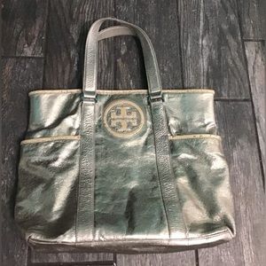 Tory Burch Silver Leather Python Trim Tote Bag*